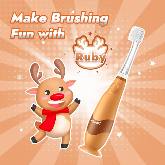 Papablic Toddler Sonic Electric Toothbrush for Ages 1-3 Years, Baby Electric Toothbrush with Cute Reindeer Cover and Smart LED Timer, 2 Brush Heads (Ruby)