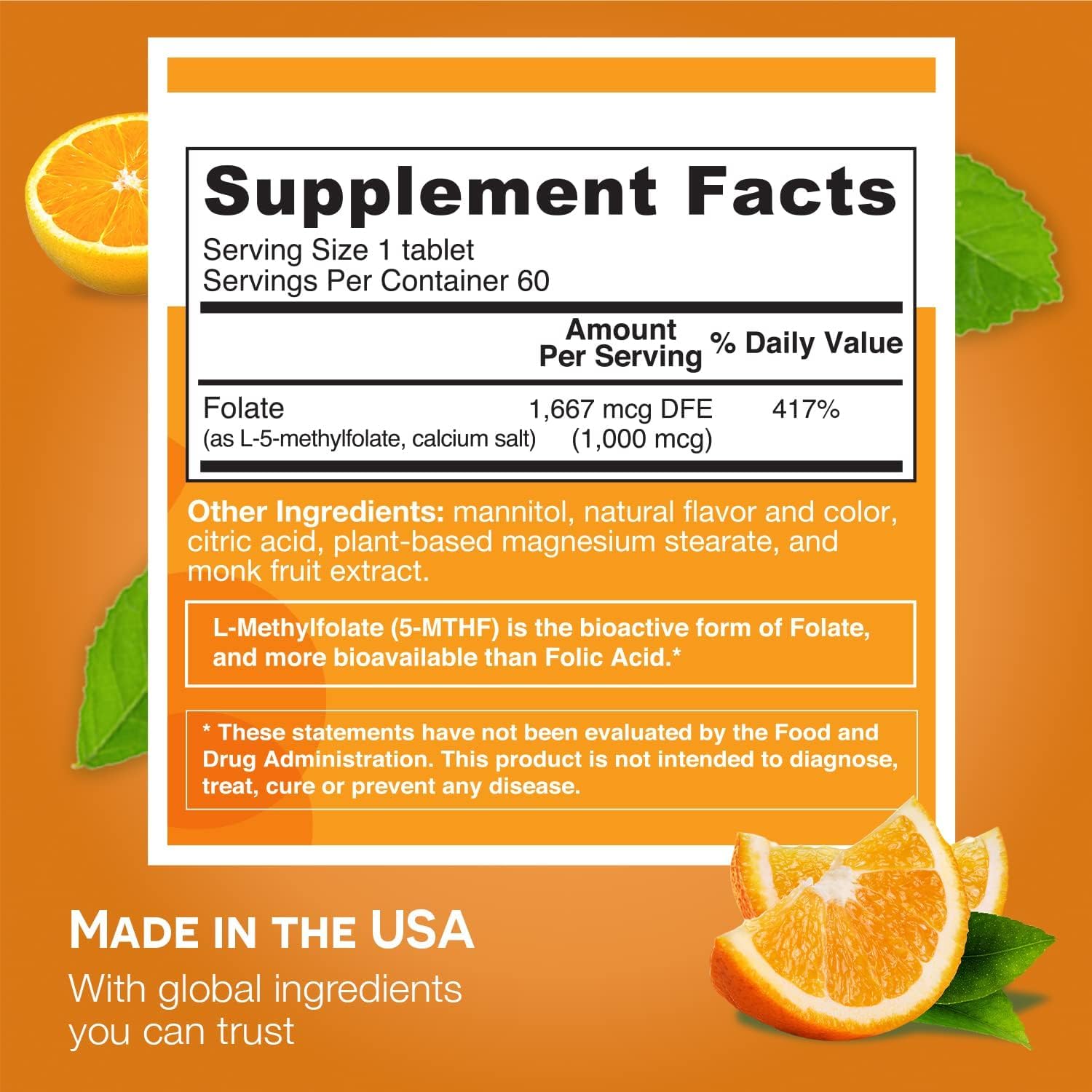 EZ Melts Dissolvable Folate 1,667 mcg, L-Methylfolate, Sugar-Free, 2-Month Supply : Health & Household