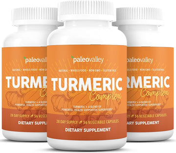 Paleovalley - Organic Turmeric Complex - Full Spectrum Organic Turmeric with Health-Supportive Superfoods - 3 Pack (168 Veggie Capsules) - Support Joints, Immunity, Brain and Heart Health