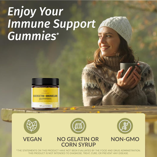 Herbamama Quercetin With Bromelain Gummies - 800 Mg Bromelain And Quercetin Immune Support Supplement - Vegan, Gelatin-Free, Non-Gmo - 60 Apple-Flavored Immune Defense Chews