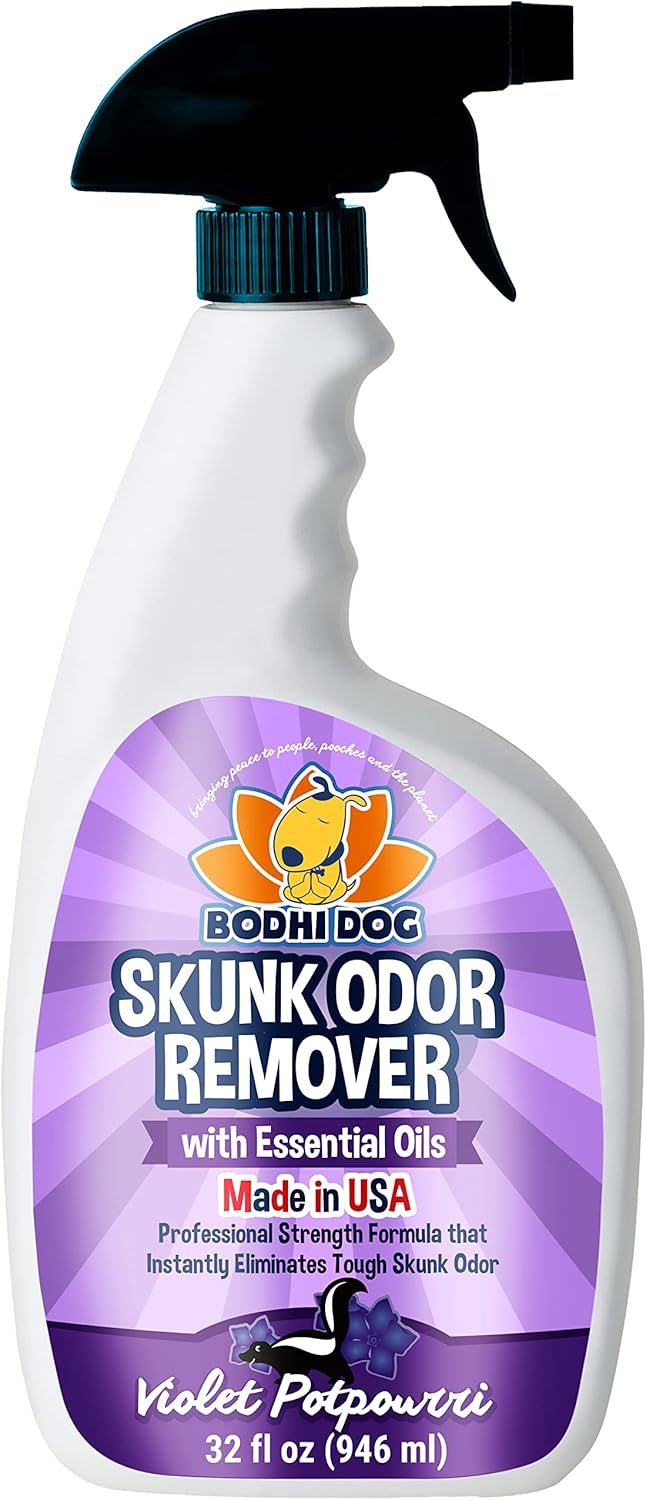 Bodhi Dog Pet Deskunk Spray Odor Eliminator | Skunk Smell Remover Eliminates Skunked Smells Using Essential Oils On Dogs, Cats, Furniture, Carpet, Clothing And More 32Oz