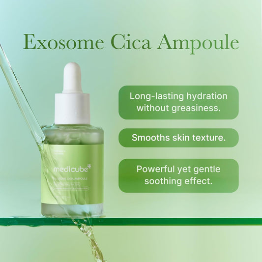 Medicube Exosome Cica Tea Tree Ampoule for Sensitive Skin with Centella Asiatica help reduce redness and breakouts. Low-irritating, Moisturizing & Soothing Serum | Korean Skincare | 30ml