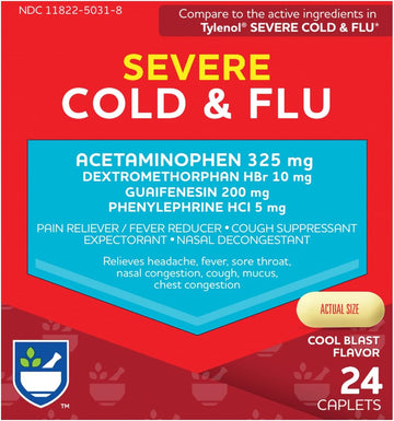 Rite Aid Severe Flu And Cold Relief Caplets - 24 Count | Pain Relief | Congestion Relief | Fever Reducer | Sinus Medicine For Adults | Decongestants For Adults | Cold And Flu Medicine For Adults