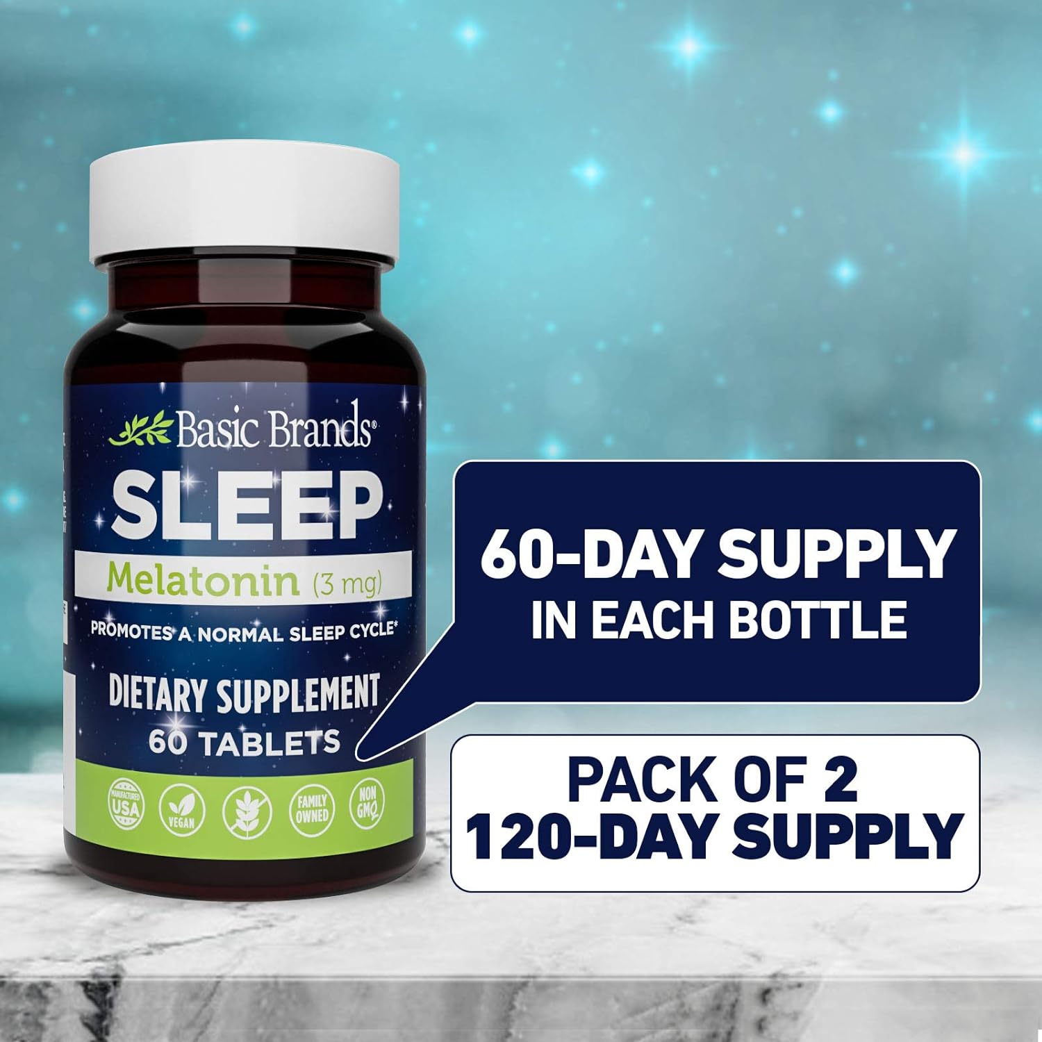 Basic Brands Sleep Melatonin, 3mg, Natural Sleep Support (Pack of 2) : Health & Household