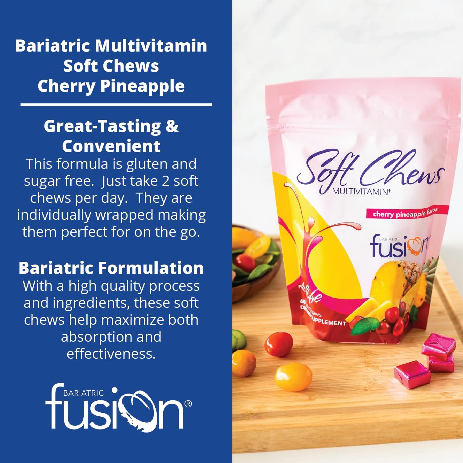 Bariatric Fusion Bariatric Multivitamin Chewable Soft Chew | Cherry Pineapple Flavor | Chewy Bariatric Vitamins For Post Bariatric Surgery Patients | 60 Count | 1 Month Supply