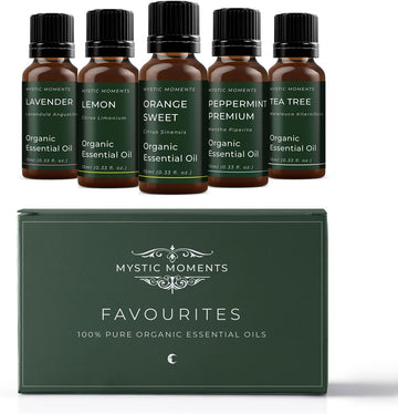 Mystic Moments | Favourite Organic Essential Oil Gift Starter Pack 5x10ml | Lavender, Lemon, Orange Sweet, Peppermint Premium & Tea Tree | Perfect as a gift