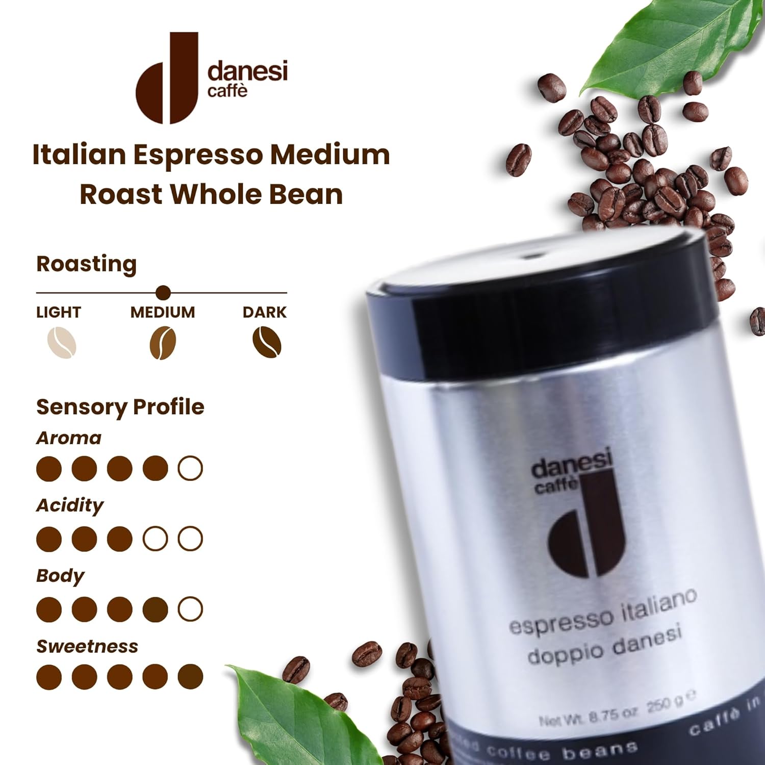 Danesi Caffe Italian Whole Coffee Beans - Espresso Coffee Beans And Medium Roast Whole Bean - Perfect For Espresso Machines, French Press, And Home Brewing - Doppio (8.75 Lb)