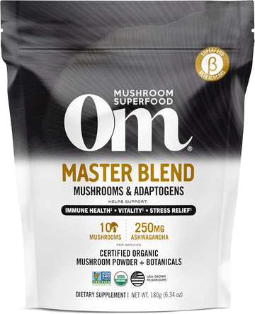 Om Mushroom Master Blend, Organic 10 Mushroom Complex & Adaptogens Powder, Reishi & Lions Mane - 6.2 Oz