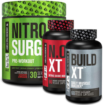 Jacked Factory Nitrosurge Pre Workout, N.O. Xt Nitric Oxide Supplement & Build-Xt Daily Muscle Builder Bundle