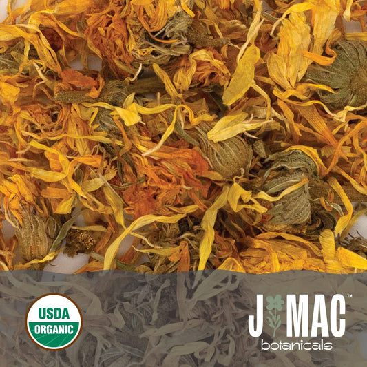 J Mac Botanicals, Organic Calendula Flower (16 ounce), whole dried flowers and petals, loose leaf tea, marigold flower, USDA Certified Organic. Great for loose leaf teas, cocktail bombs, salve