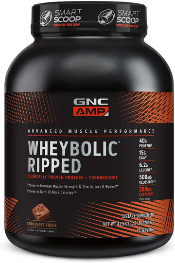 Gnc Amp Wheybolic Ripped Protein Powder & Thermogenic Protein Supplement, Muscle Strength & Size, Energy & Endurance, 40G Protein, 6.2G Leucine, 15G Eaa, Caffeine, Chocolate Fudge, 22 Servings