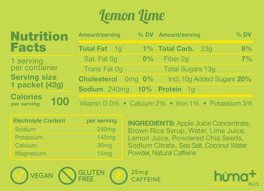 Huma Plus (Double Electrolytes) - Chia Energy Gel, Lemon Lime, 12 Gels, 1x Caffeine - Stomach Friendly, Real Food Energy Gels