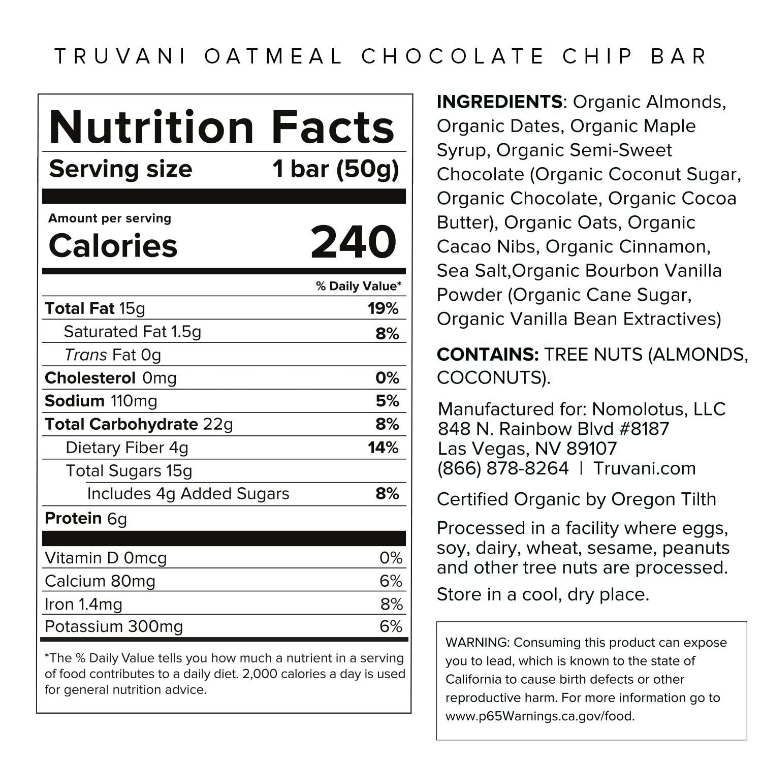 Truvani Plant Based Snack Bars | 6g Protein | 1 Pack Oatmeal Chocolate Chip | Organic | Vegan | The Only Bar | Dairy, Soy, and Gluten Free | Individually Wrapped : Health & Household