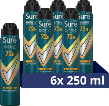 Sure Men Nonstop Protection Energise Anti-Perspirant Aerosol Men'S Deodorant Spray With Body Heat Activated Technology For 72 Hour Protection Against Odour And Sweat 6X 250 Ml