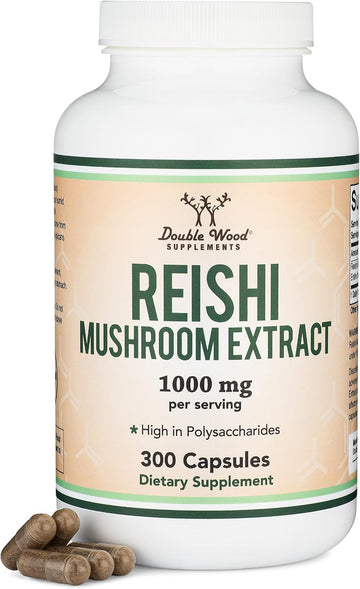 Reishi Mushroom Capsules (4:1 Ganoderma Extract, 1,000Mg Red Reishi Powder Servings) 300 Count, 5 Month Supply, Potent Mushroom Supplement For Immune System Support And Defense By Double Wood