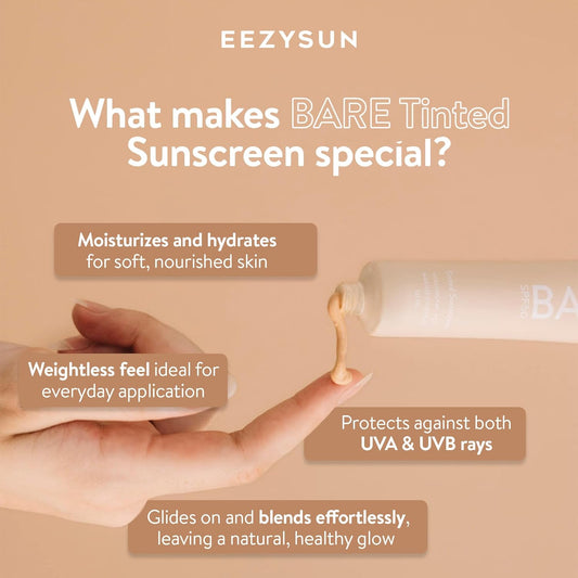 Bare Tinted Sunscreen Spf 50 – Non-Greasy, Water-Resistant, Vegan & Reef-Safe With Hyaluronic Acid & Jojoba Oil – 1.69 Fl Oz – Light