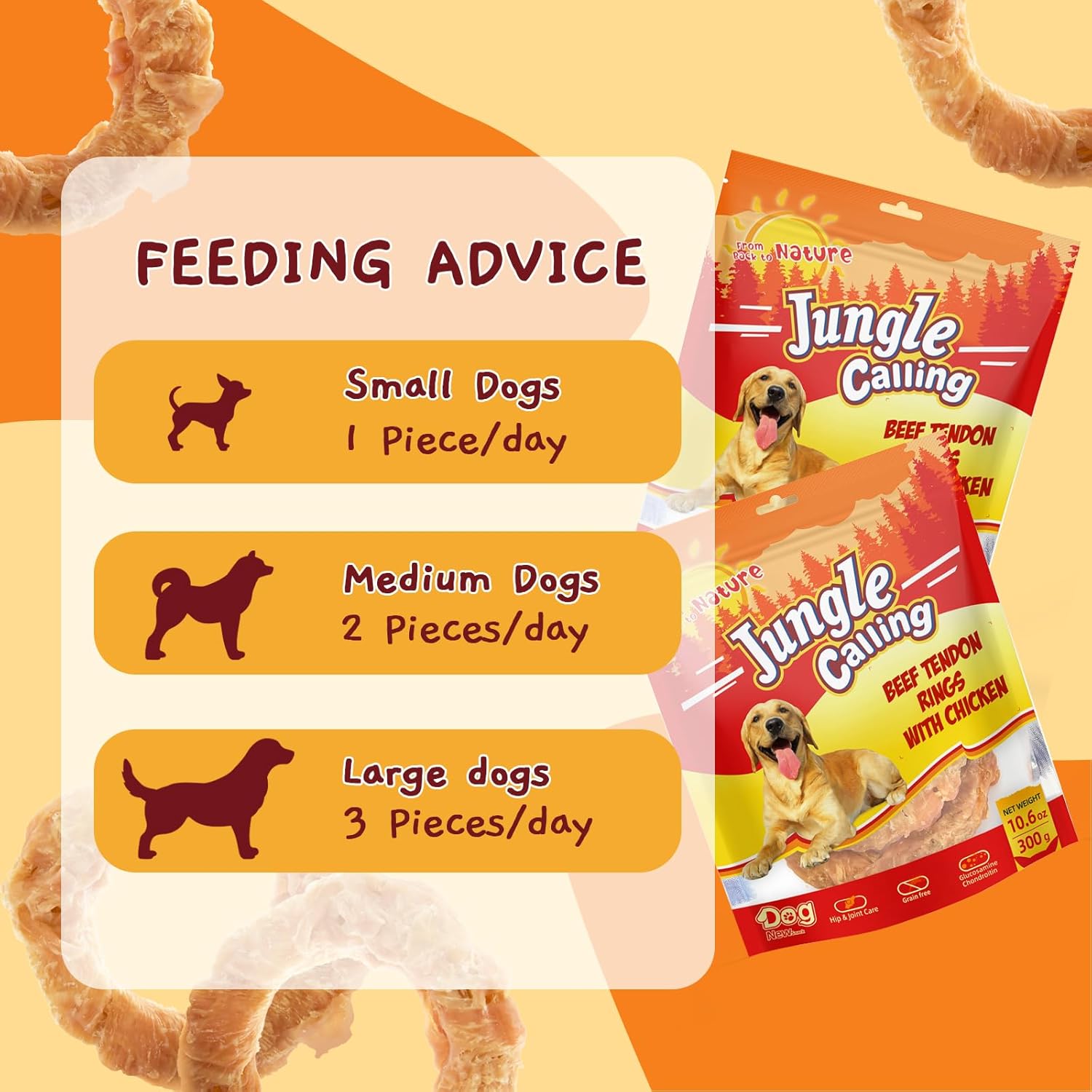 Jungle Calling Beef Tendons for Adult Dogs, Chicken Wrapped Tendons Dog Chews Long Lasting Hip and Joint Supplement for Dogs with Glucosamine (Ring) : Pet Supplies