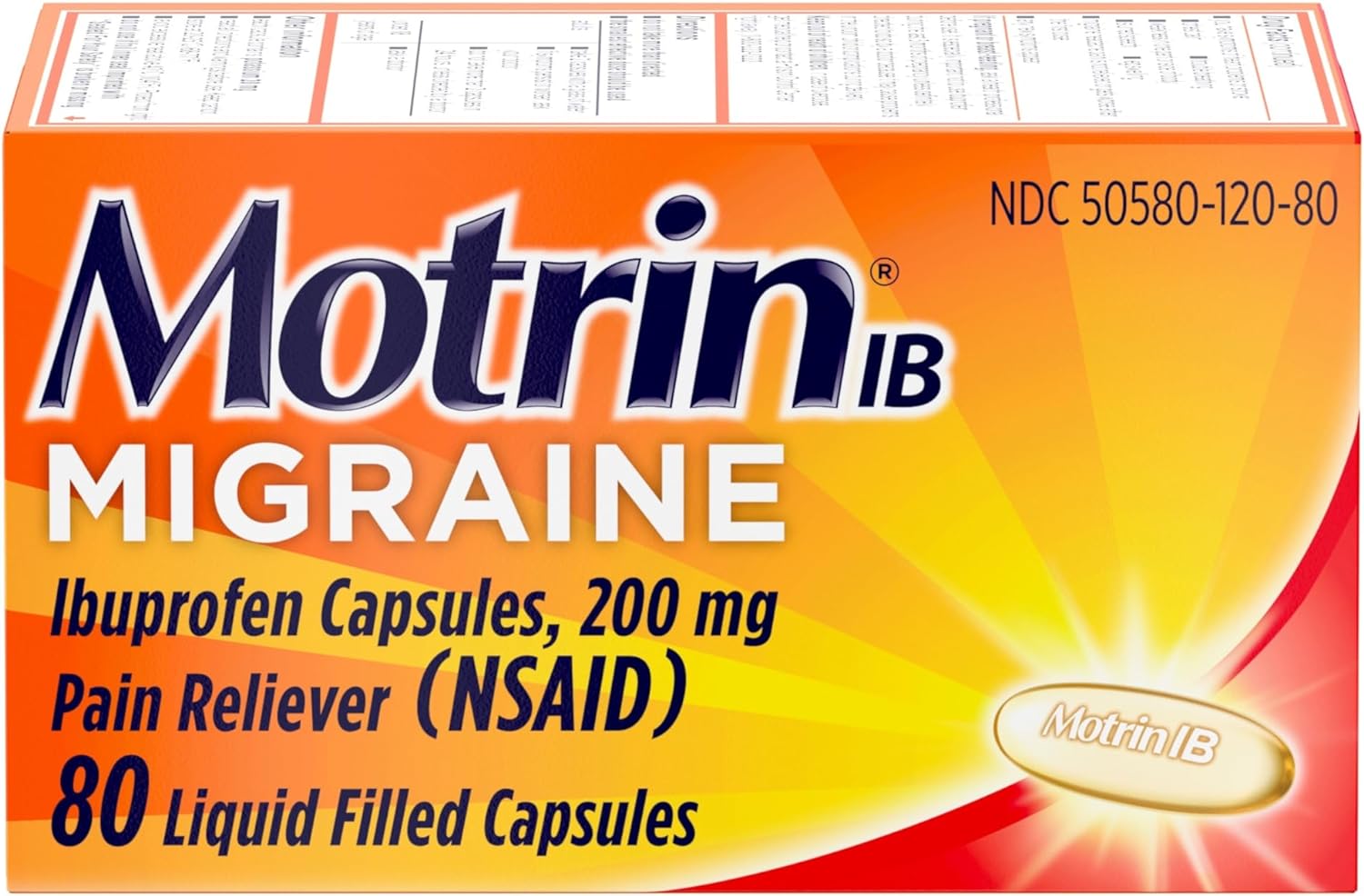 Motrin IB Migraine Liquid Gel Caps, Ibuprofen 200 mg, Migraine Relief Medicine, 80 Ct