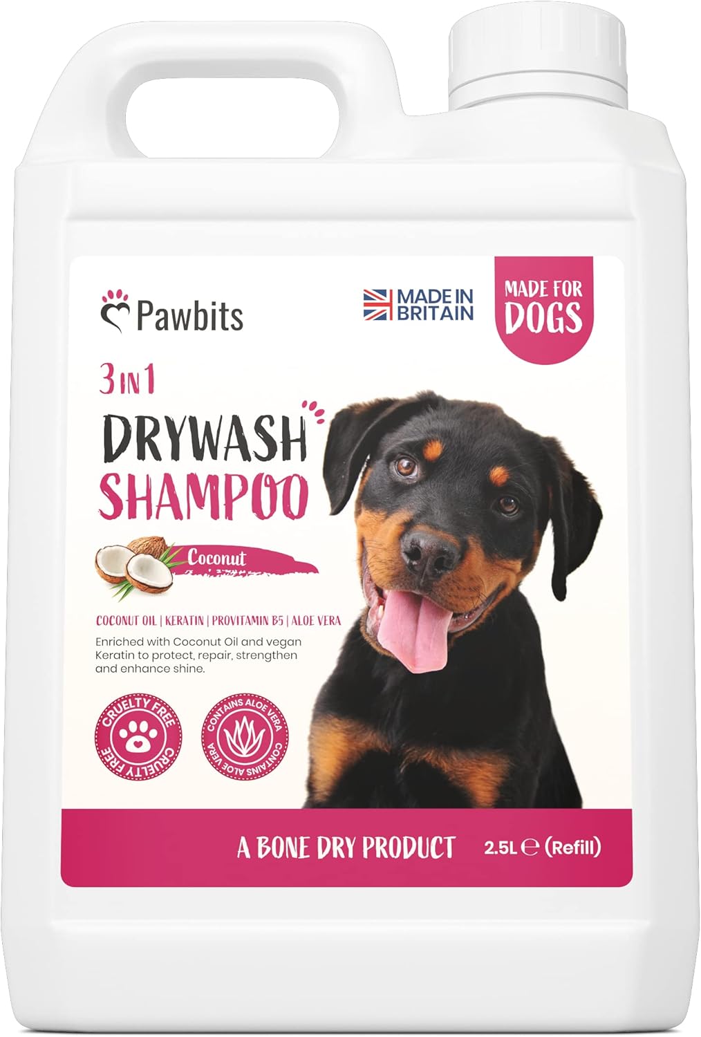 Pawbits Drywash Shampoo for Dogs - Puppy Friendly 3-in-1 Dry Shampoo to Clean, Condition & Detangle – No Water Required (Coconut - 2.5L)??PB-DRYWASH