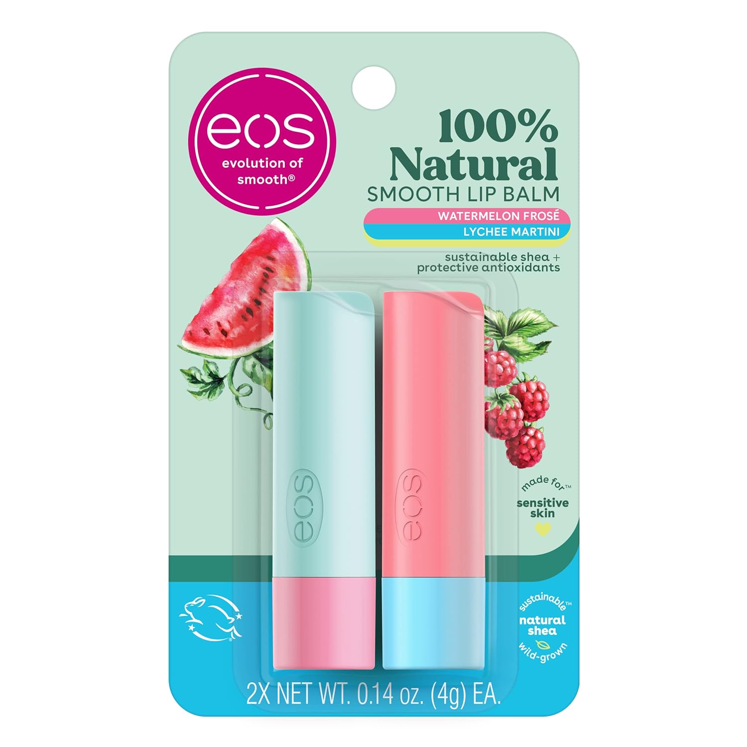 Eos 100% Natural Lip Balm Sticks- Watermelon Frosé And Lychee Martini | Dermatologist Recommended For Sensitive Skin | All Day Moisture | 0.14 Oz | 2-Pack