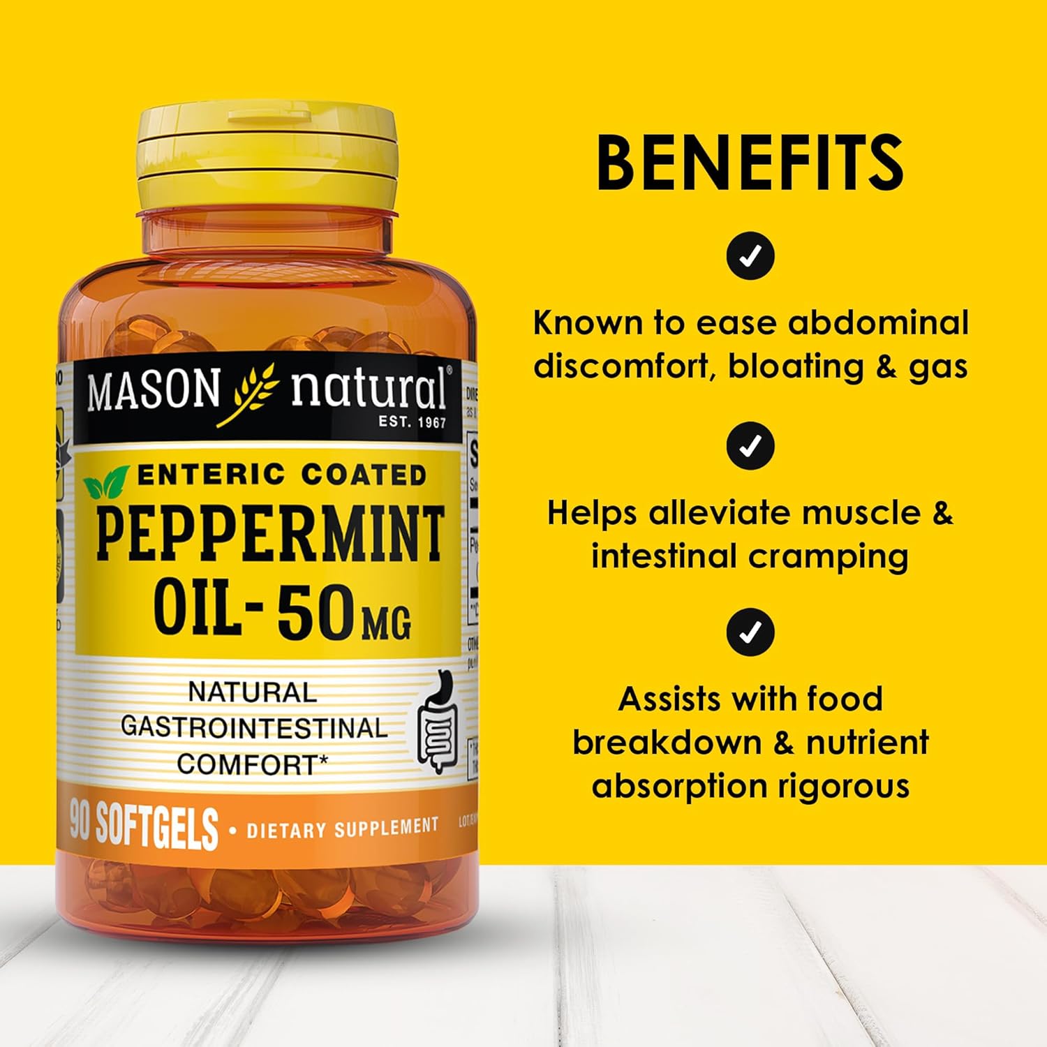 Mason Natural Peppermint Oil 50 Mg Enteric Coated Supplement, 90 Day Supply Of Gastrointestinal Support For Normally Functioning Bowel, Softgel Pills