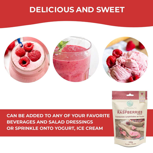 Natrihealth Freeze Dried Raspberry Powder 100 Gram, 100% Fruit, Natural, No Added Sugar - Grown In Canada - Delicious For Baking And Smoothies