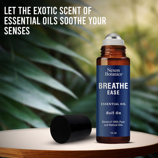 Breathe Ease Essential Oil Roll-On Blend 10 Ml - Pure Eucalyptus, Peppermint & Rosemary Oils Roller For Clear Breathing & Respiratory Support - Nexon Botanics