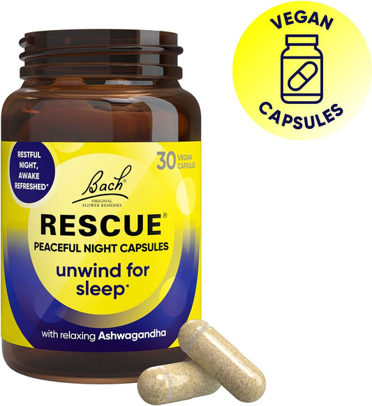 Rescue Peaceful Night Capsules With Ashwagandha Ksm 66 And Magnesium, Unwind For Sleep, Flower Essence Night Support With Ashwagandha, Magnesium, Chamomile Vitamin B6, 30 Vegan Capsules