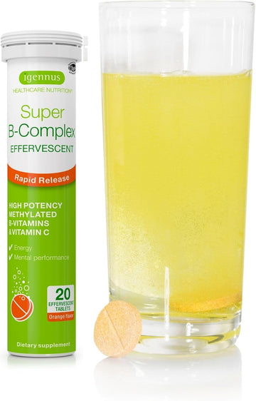 Super B-Complex Liquid B-Vitamin Effervescent Drink, Methylated, Fast Action Energy Supplement, Caffeine-Free, Sugar-Free, Orange Flavor, Vegan, 20 Effervescent Tablets, By Igennus