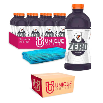Gatorade Zero 9-Pack Of Zero Grape Thirst Quencher Electrolyte Enhanced Sports Drink 28 Fl Oz Plastic Bottle + 1 Microfiber Cooling Towel By Unique Outlet Brand