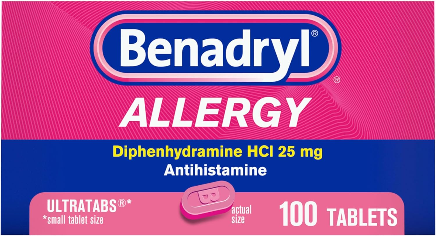 Benadryl Ultratabs Antihistamine Allergy Relief Medicine, Diphenhydramine Hcl Tablets For Relief Of Cold & Allergy Symptoms Such As Sneezing, Runny Nose, & Itchy Eyes & Throat, 100 Ct