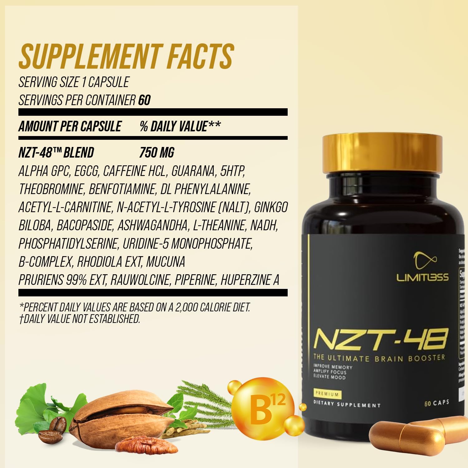 Nzt-48 Brain Booster | Nootropic Brain Supplements For Memory And Focus | Premium Natural Energy Supplement With Caffeine, Phosphatidylserine, Vitamins B6 & B12, Ashwagandha | 60 Servings : Health & Household
