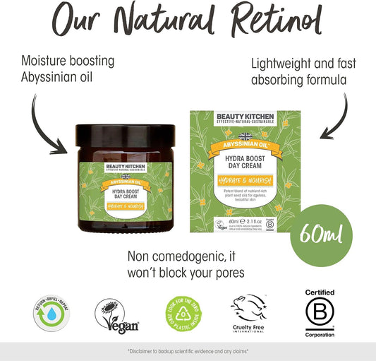 Beauty Kitchen - Hydrating Abyssinian Oil Hydra Boost Day Cream 60ml - Lightweight Anti Aging Moisturiser for Glass Skin - Supports Skin Barrier & Reduces Oil - Vegan/Cruelty Free
