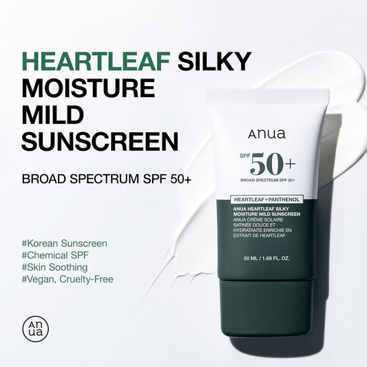 Anua Heartleaf Silky Moisture Mild Sunscreen, Broad Spectrum Spf 50+ With Moisturizing Formula, Lightweight Korean Sunscreen, Natural Finish, Vegan, Korean Skin Care 50Ml / 1.69 Fl. Oz