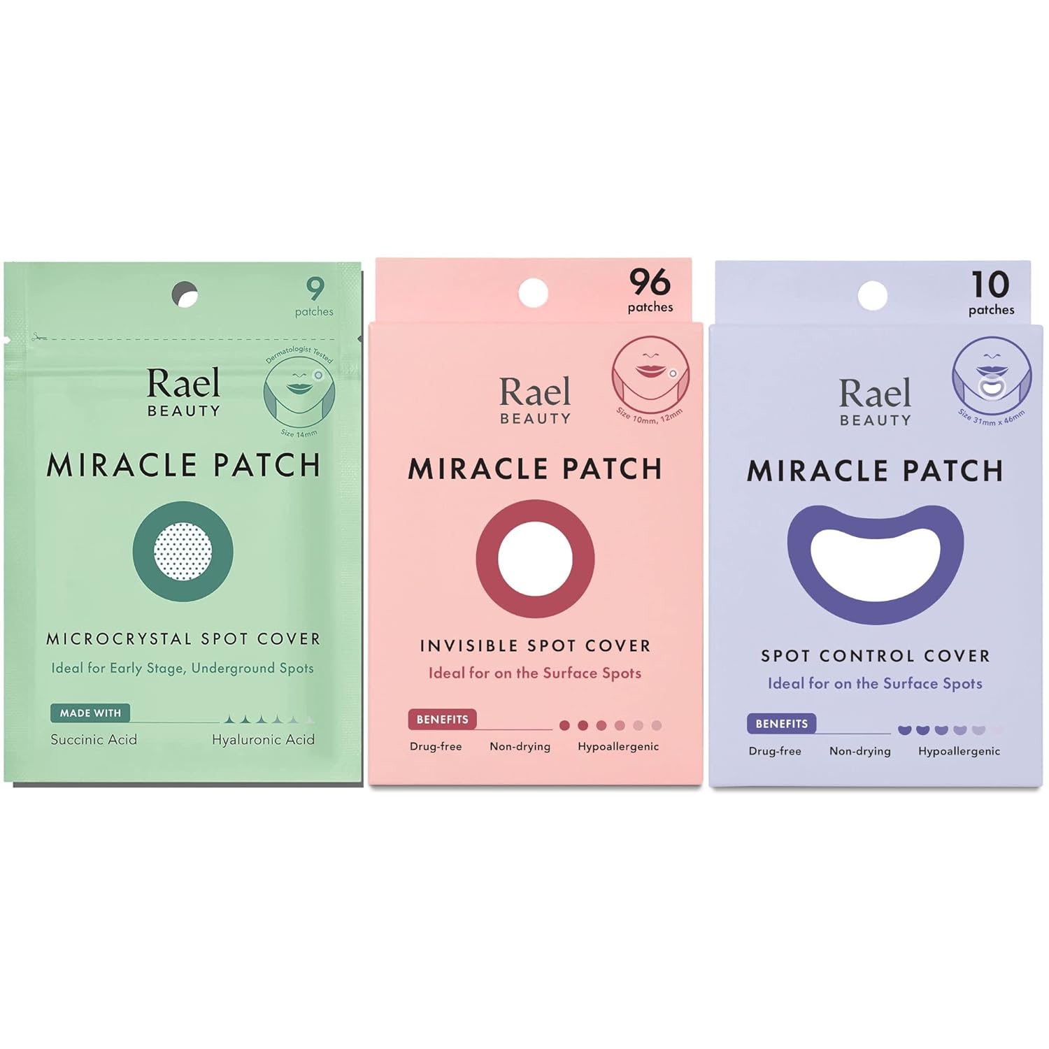 Rael Miracle Bundle - Microcrystal Spot Cover (9 Count), Invisible Spot Cover (96 Count), Spot Control Cover (10 Count)