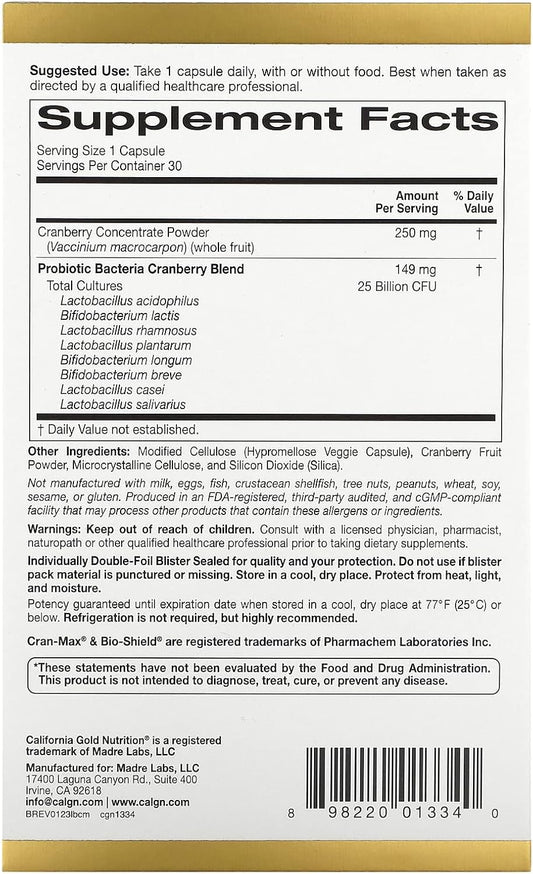 Lactobif Probiotics, Cran-Max, 25 Billion Cfu, Cranberry Concentrate With Bio-Shield 8 Active & Clinically Researched Probiotic Strains, Individually Double-Foil Blister Sealed, 30 Veggie Capsules