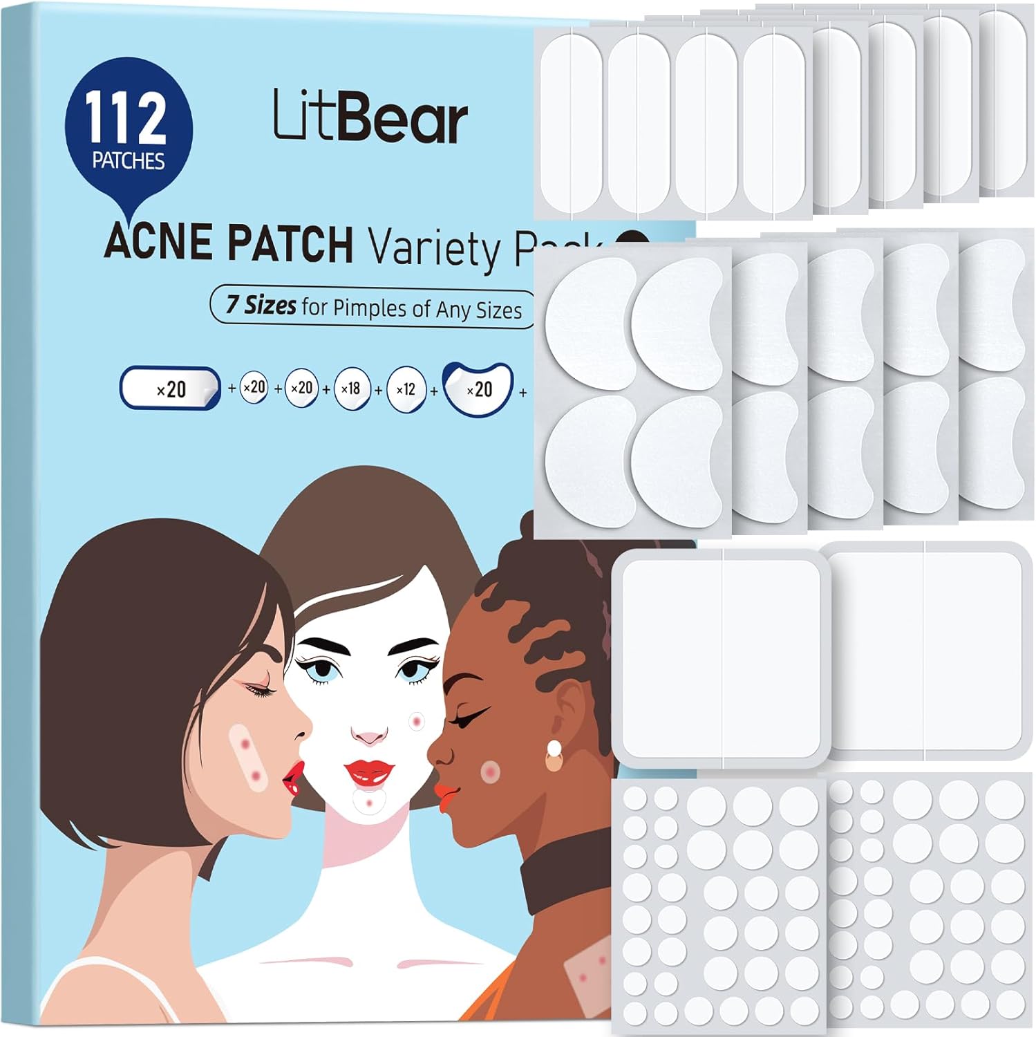Litbear Large Pimple Patches (7 Sizes 306 Patches), Big Acne Patches, Xl Hydrocolloid Bandages For Full Face, Forehead, Chin, Nose, Body, Back, Neck & Chest, Oval, Moon, Square Hydrocolloid Patch