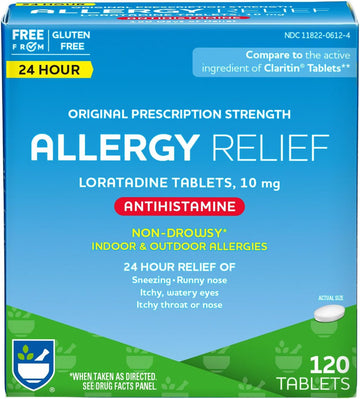 Rite Aid 24 Hour Loratadine 10 Mg Allergy Relief Tablets, 10Mg - 120 Count | Non-Drowsy Allergy Pills, Medicine