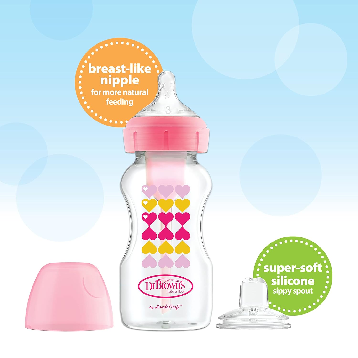 Dr. Brown's Natural Flow Anti-Colic Options+Wide-Neck Sippy Bottle Starter Kit, 9oz/270mL, with Level 3 Medium-Fast Flow Nipple and 100% Silicone Soft Sippy Spout, Pink, 6m+ : Baby