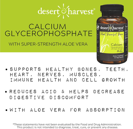 Desert Harvest Calcium Glycerophosphate Supplement with Aloe Vera for Absorption, 230 mg per Capsule, 120 Capsules - Removes Up to 95% of Acid in Food & Drinks
