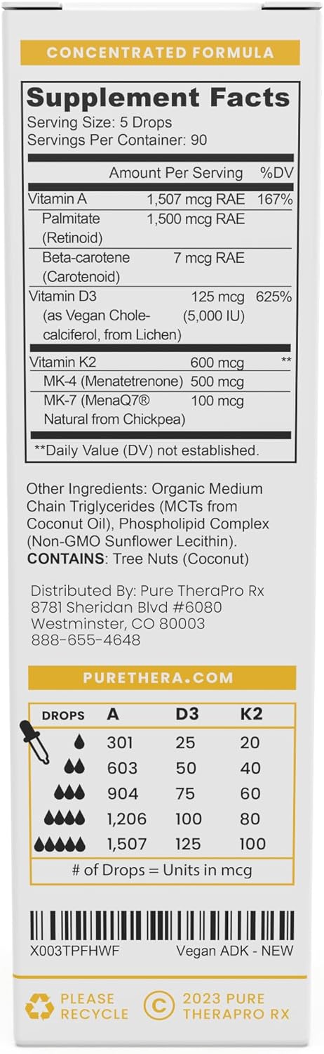 Pure Therapro Rx Vegan A-D-K Drops - 3 Month Supply - Vitamin A (Palmitate & Betacarotene), Liposomal Vitamin D3 (Pureshine), Liposomal Vitamin K2 (Mk-4 & Mk-7) Supports Immunity & Bone Health - 10 Ml