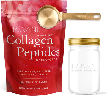 Truvani Collagen Peptides (28 Servings) With Jar & Scoop Bundle - Unflavored Hydrolyzed Collagen Powder - Grass-Fed Collagen Peptides Powder – Includes Glass Jar & Durable Collagen Powder Metal Scoop