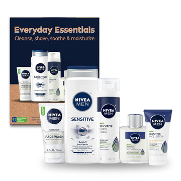 Nivea Men Sensitive Skin Care Set For Men, Face Wash, 5 Fl Oz + Body Wash, 16.9 Fl Oz + Shave Gel, 7 Oz + Soothing Post Shave Balm, 3.3 Fl Oz + Face Lotion Spf 15, 2.5 Fl Oz