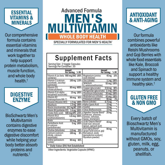 Men'S Multivitamin With Vitamin C A B D3 E Zinc For Immune Support - Once Daily Supplement For Energy & Heart - Antioxidants & Digestive Enzymes For Absorption - Mental Clarity & Focus Support -60 Ct