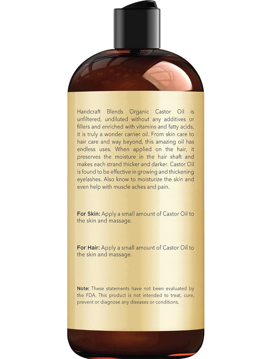 Handcraft Blends Organic Castor Oil - 16 Fl Oz - 100% Pure And Natural - Premium Grade Oil For Hair Growth, Eyelashes And Eyebrows - Carrier Oil - Hair And Body Oil - Expeller-Pressed And Hexane-Free