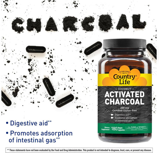 Country Life Activated Organic Coconut Charcoal Capsules, 260Mg – Natural Charcoal Supplement For Gas And Bloating Relief, Gluten-Free, Non-Gmo, 180 Vegan Capsules