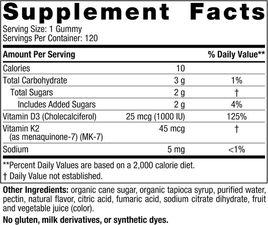 Nordic Naturals Vitamin D3 + K2 Gummies, Pomegranate - 120 Gummies - 1000 IU Vitamin D3 + 45 mcg Vitamin K2 - Great Taste - Bone Health, Promotes Healthy Muscle Function - Non-GMO - 120 Servings