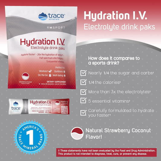 Trace Minerals | Hydration I.V. Electrolytes Powder Packets | Full Spectrum Recovery Mineral Mix for Rapid Rehydration, Natural Energy and Muscle Stamina | Strawberry Coconut | 16 Travel Packs