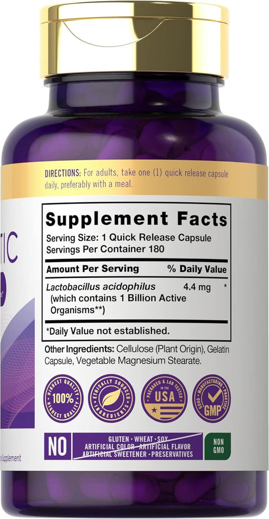 Carlyle Probiotic For Women & Men'S Digestive Health | 1 Billion Cfu | 180 Quick Release Capsules | 1 Lactobacillus Pill A Day | Non-Gmo & Gluten Free