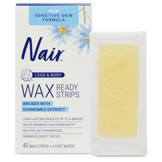 Nair Sensitive Hair Remover Wax Ready Strips, Legs and Body Hair Removal Wax Strips, 40 Count